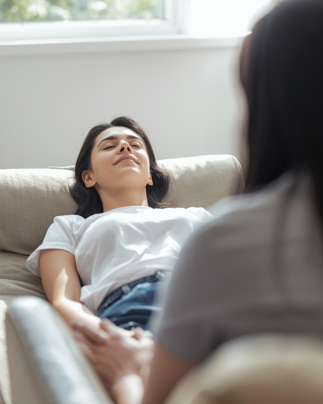 Woman relaxing deeply during an RTT hypnotherapy session for anxiety with Pao Hypnosis